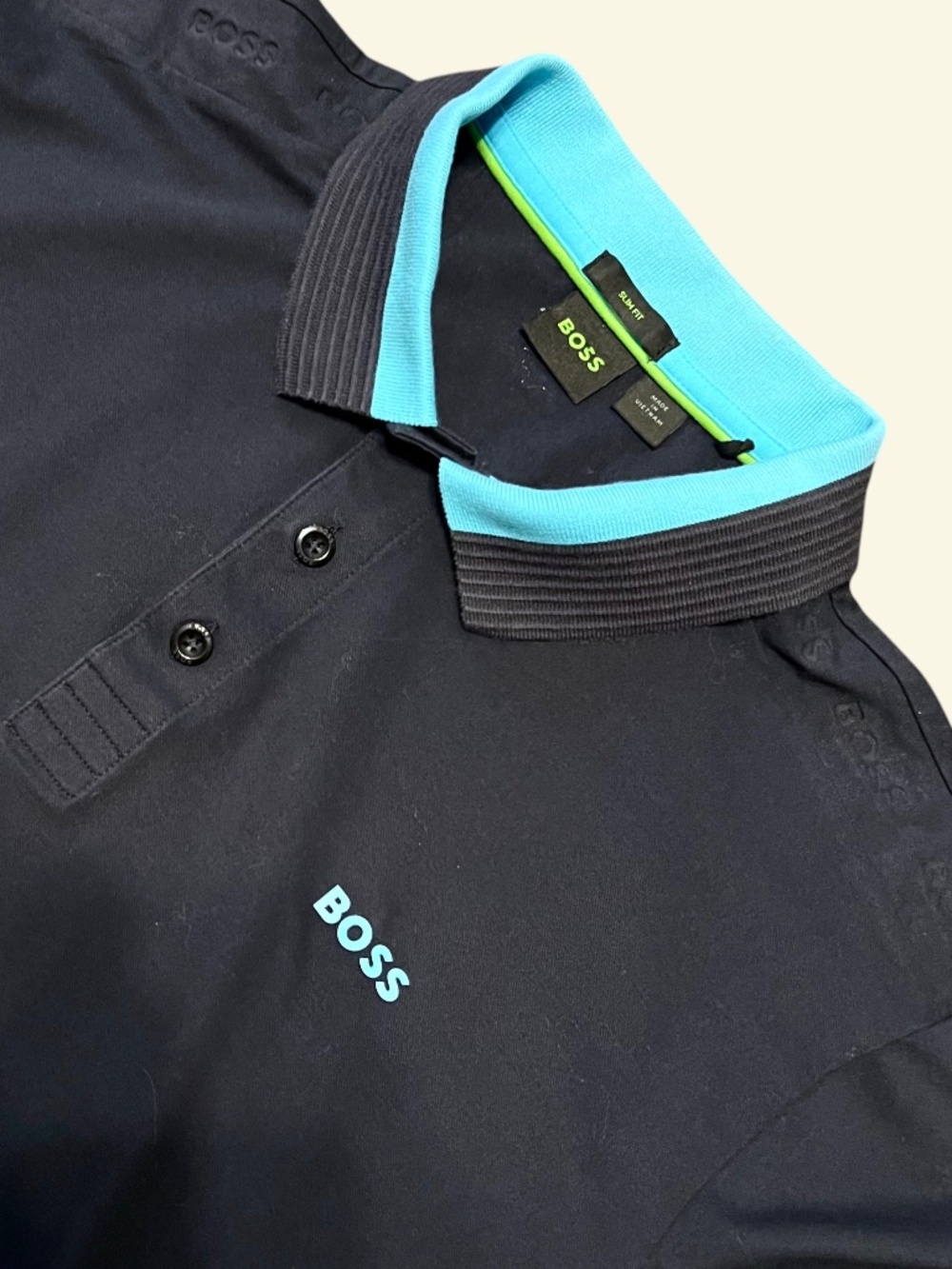 Boss by Hugo Boss Paule Slim Fit Polo Shirt Men XL Black Turquoise Ribbed Collar